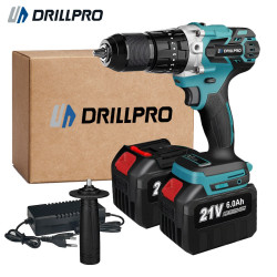 Drillpro 21V High Torque Brushless Electric Drill with 1/2" Keyless Chuck LED Light 3-in-1 Functions 0-1800rpm Speed Includes 2 Batteries