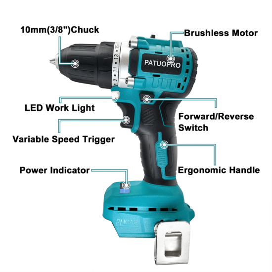 Drillpro 18V Brushless Cordless Drill Power Tool with Keyless Chuck 2-Speed Control Compact Design LED Light for Home Improvement Tasks NO BATTERY INCLUDED