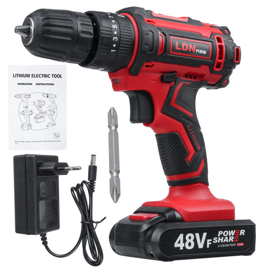 48VF Cordless Electric Impact Drill Rechargeable Drill Screwdriver W/ 1 or 2 Li-ion Battery - Two Batteries