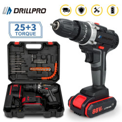 Drillpro Cordless Impact Drill 21V Li-Ion Battery Powered High Torque Drill with 25+3 Clutch Settings Keyless Chuck LED Work Light With 29pcs Drill Bits Set