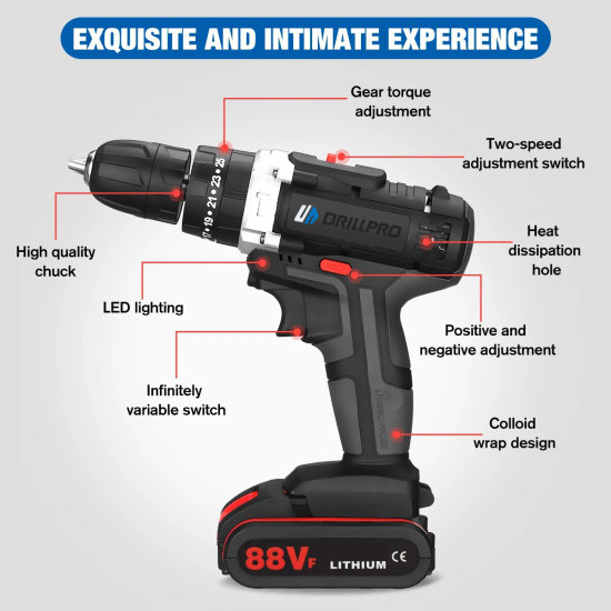 Drillpro Cordless Impact Drill 21V Li-Ion Battery Powered High Torque Drill with 25+3 Clutch Settings Keyless Chuck LED Work Light With 29pcs Drill Bits Set