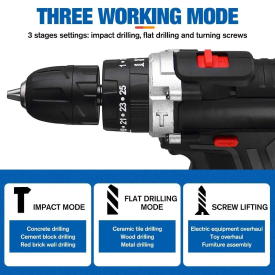 Drillpro Cordless Impact Drill 21V Li-Ion Battery Powered High Torque Drill with 25+3 Clutch Settings Keyless Chuck LED Work Light With 29pcs Drill Bits Set