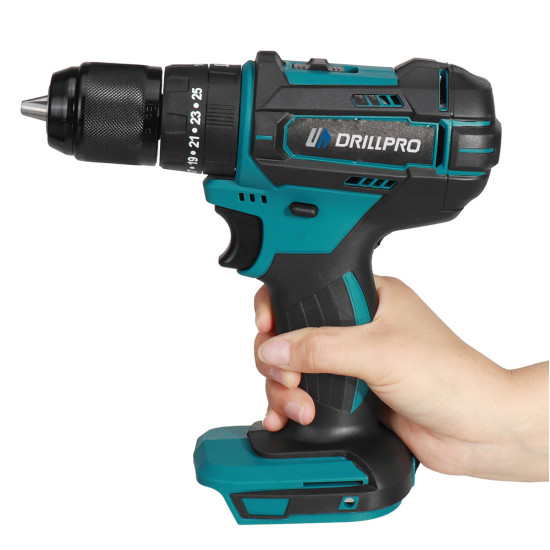 Drillpro Cordless Impact Drill 18V Adapted to Mak Battery Max Torque 25-90Nm No Load Speed 0-450r/min or 0-1500r/min, Keyless 13mm Chuck 3-in-1 Function LED Light Forward/Reverse/Lock Switch