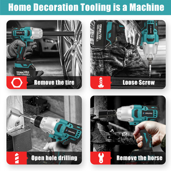 Drillpro 18V Brushless Electric Wrench 0-6200 RPM 800N.M Torque LED Work Lights Suitable for Construction Woodworking Heavy Duty Maintenance - One Battery