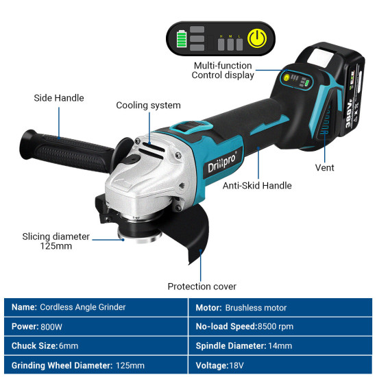 Drillpro 800W 125mm 18V Cordless Electric Polisher 8500rpm 4 Speeds High Power Polishing Machine - One Battery