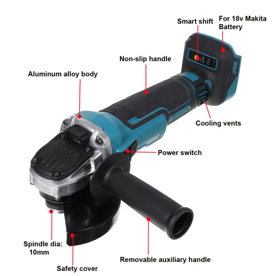 Drillpro Electric Brushless Cordless Angle Grinder M10 125mm Cut for Mak 18V Battery - Blue