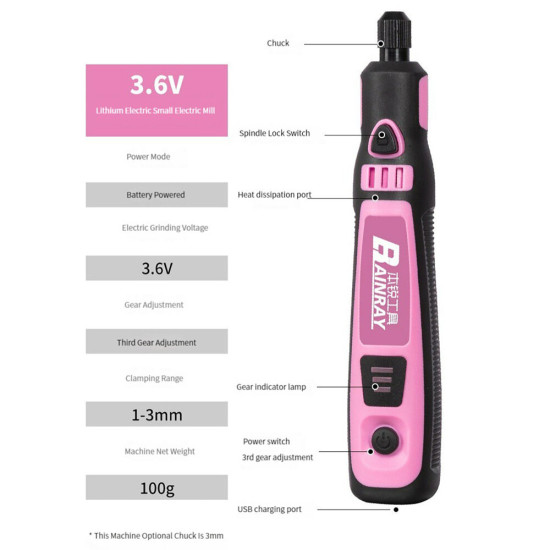 3.6V 3 Gears 5000-10000-15000r Engraver Rechargeable Hand Drill Wireless Grinder Cordless Electric Drill Engraving Set Mini Rotary Tool - Basic Model