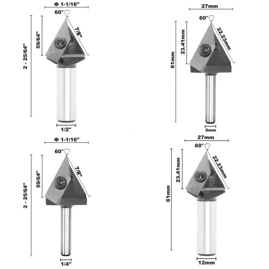 1/2 Inch 1/4 Inch 6mm 12mm Shank 60 Degree V-Groove Carbide Insert Wood CNC Router Bits Milling Cutter for Woodworking Engraving Carving - Replacement Blades