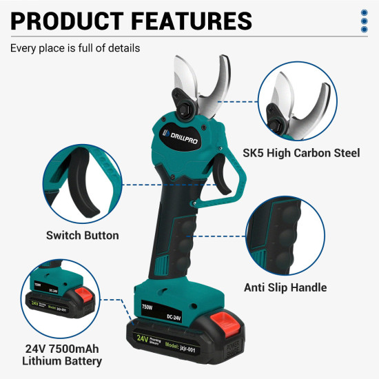 Drillpro 24V Cordless Pruning Shears 30mm Maximum Cutting Diameter with Strong 750W Power 7500mAh Battery for 80-180 Minutes of Work Comes with Extra Blade Sets Efficient and Durable Garden Tool - without battery