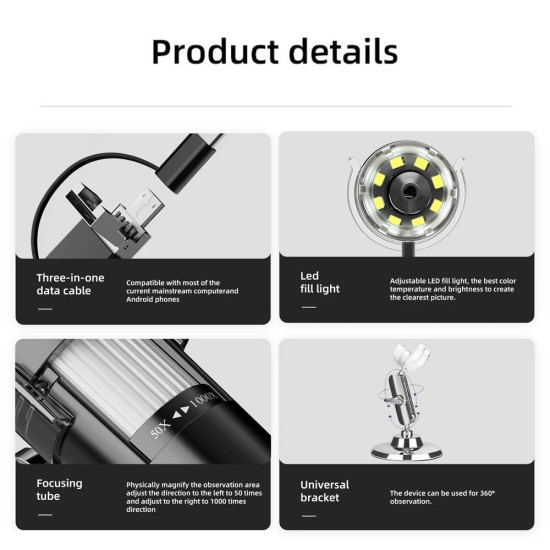 1000X Digital Microscope 3 In 1 Interfaces Microscope Photo Video Modes Microscope Computer Mobilephone Connecting 360° Bracket - #B