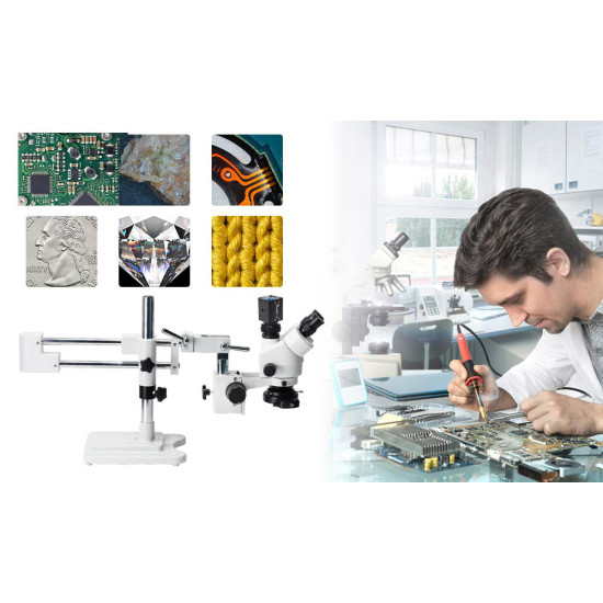 MUSTOOL 3.5X 90X  Simul-Focal Double Boom Stand Trinocular Stereo Zoom Stereo Microscope 24MP 4K HDMI-compatible Camera 56 LED Light Microscopie - white