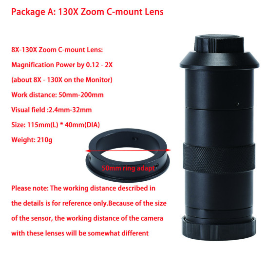 130X 180X 300X Industrial Adjustable Monocular Zoom CS C mount Lens HDMI-compatible Video Microscope Camera - 130x