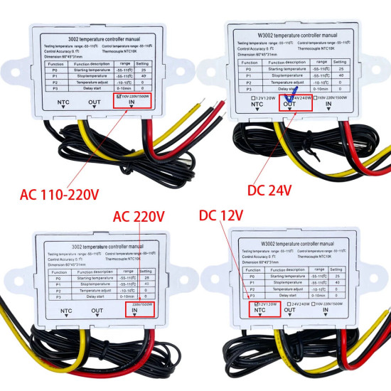 W3002 Digital LED Temperature Controller with 12V/24V/220V/110V Options Dual Refrigeration and Heating Control Adjustable Settings High Accuracy Measurement for Seafood Machines and Other Applications - 12V