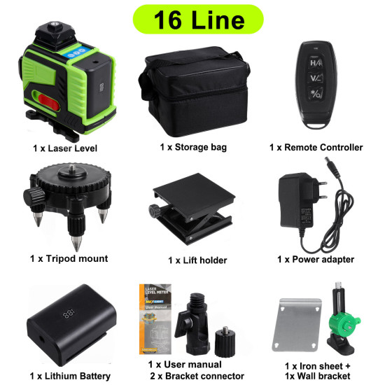 4D 16 Lines Green Light Laser Levels  360° Self Rotary Leveling Measure Tools with 2PCS Lithium Batteries - EU Plug Double lithium battery