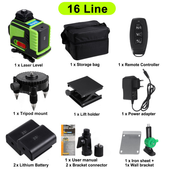 4D 16 Lines Green Light Laser Levels  360° Self Rotary Leveling Measure Tools with 2PCS Lithium Batteries - EU Plug Double lithium battery