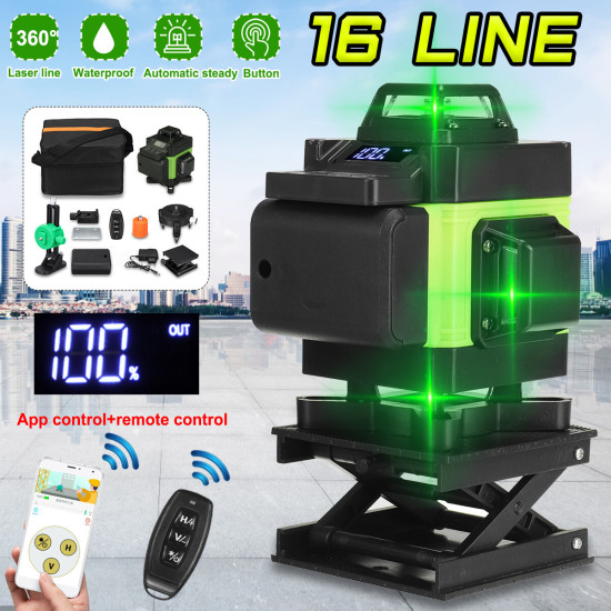 16 Lines Laser Level 3D Green Horizontal Vertical Line Laser Auto Self-Leveling Remote Control Indoor Outdoor Single Battery - EU Plug