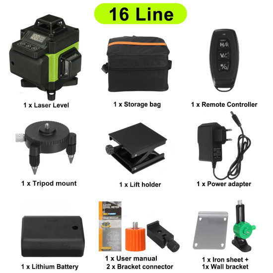 16 Lines Laser Level 3D Green Horizontal Vertical Line Laser Auto Self-Leveling Remote Control Indoor Outdoor Single Battery - EU Plug