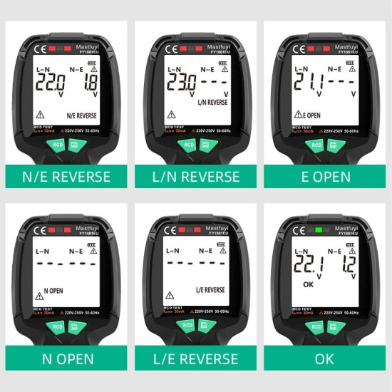 FY1881 30V-250V Digital Smart Socket Tester Voltage Test Socket Tester ENull Line Phase Check RCD Test Data Storage - US Plug