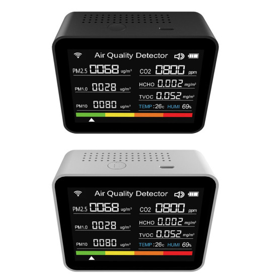 13-in-1 Tuya WIFI Intelligent Air Quality Monitor Indoor CO2 Detector with 2000mAh Battery Real-Time PM2.5 TVOC HCHO Monitoring App Control Smart Home Safety - Black