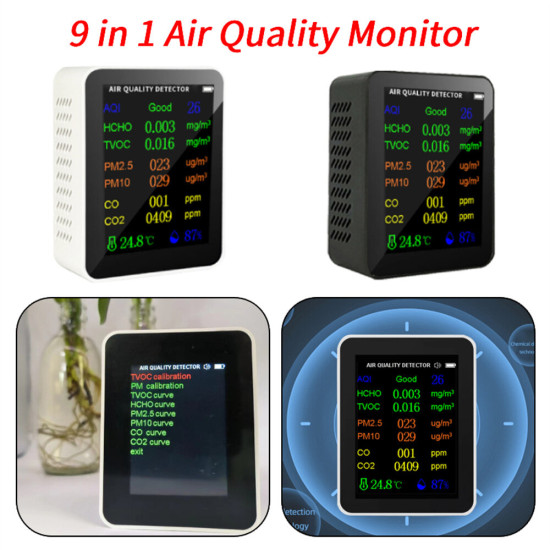 9 in 1 PM2.5 PM10 HCHO TVOC CO CO2 Meter Digital Temperature Humidity Tester LCD Carbon Dioxide Monitor Air Quality Monitor - Black