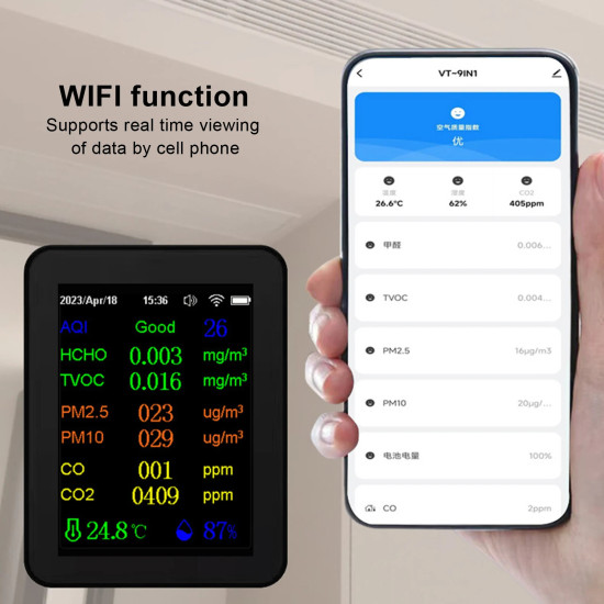 12-in-1 Air Quality Monitor Compact Portable Carbon Dioxide Detector with Real-Time Data CO2 HCHO TVOC PM2.5 PM10 CO Temperature Humidity Meter USB Charging WiFi Enabled for Home and Office Use - Black