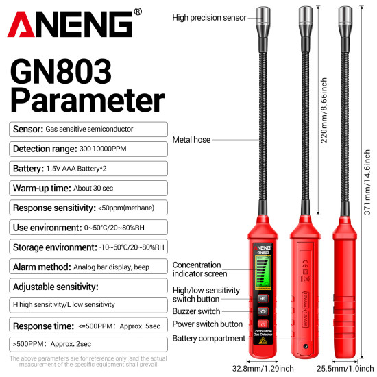 ANENG GN803 Combustible Gas Leak Detector High Sensitivity 300-10000PPM Alcohol Ethanol Detection Adjustable Sensitivity All-Metal Bendable Hose Safe and Accurate Home Safety Equipment