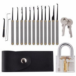 Transparent Practice Padlock with 12pcs Unlocking Lock Picks Set Key Extractor Tools