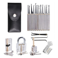 19PCS Locksmith Practice Lock Set with 4 Transparent Padlocks and 15 Precision Tableting Tools Spring Steel Durable with Storage Bag Easy Lock Opening Advance Lock Picking Tool Kit