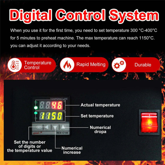 1400W Digital Electric Gold Melting Furnace with 1KG & 3KG High Purity Graphite Crucible - High-Efficiency Fast Heating up to 2000°F/1100°C Ideal for Metal Melting like Gold Silver Copper