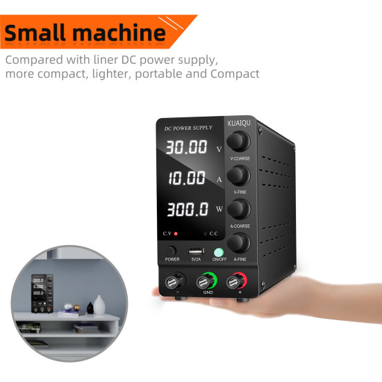 KUAIQU SPS-C Series Adjustable Voltage Power Supply Precision Control from 0-120V Voltage and 0-10A Current Superior Load Stability Detailed Digital Display Compact Design Ideal for Electronics Testing and Servicing - SPS-C3010 EU Plug