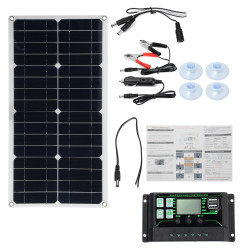 250W Max Portable Solar Panel Kit Dual DC USB Charger Kit Single Crystal Semi-flexible Solar Power Panel w/ 60A/100A Solar Controller - 100A