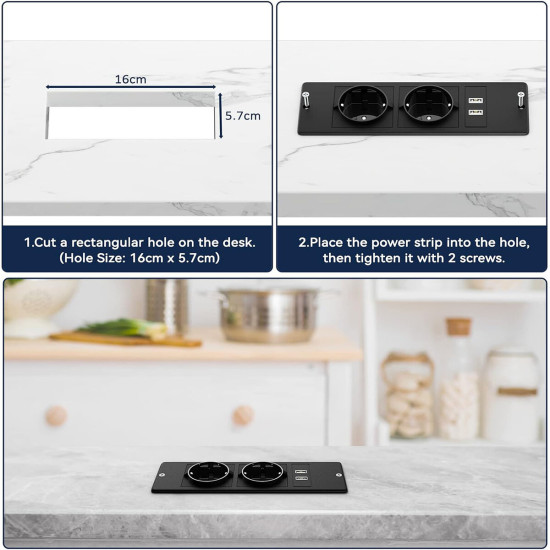 Table Socket with 2 USB 2 Sockets Built-in Socket 2-Way Installation Power Strip with 2 Screws for Kitchen Furniture or Worktops Recessed Socket 1.8 Cable16 A/3500 W - Black