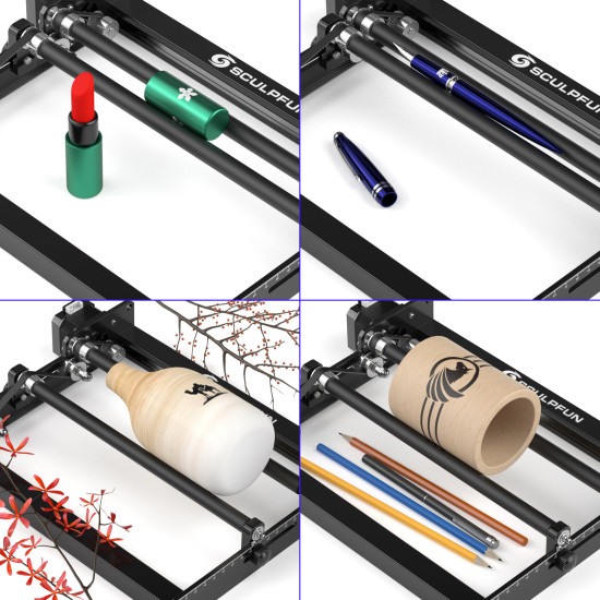 SCULPFUN Laser Rotary Roller for S9 Laser Engraver Y-axis Roller 360 degree Rotating for 6-150mm Engraving Diameter 4 raise feet for Cylindrical Objects fit S6 S6 PRO SCULPFUN Laser Rotary Roller for S9 Laser Engraver Y-axis Roller 360 degree Rotating for 6-150mm Engraving Diameter 4 raise feet for Cylindrical Objects fit S6 S6 PRO