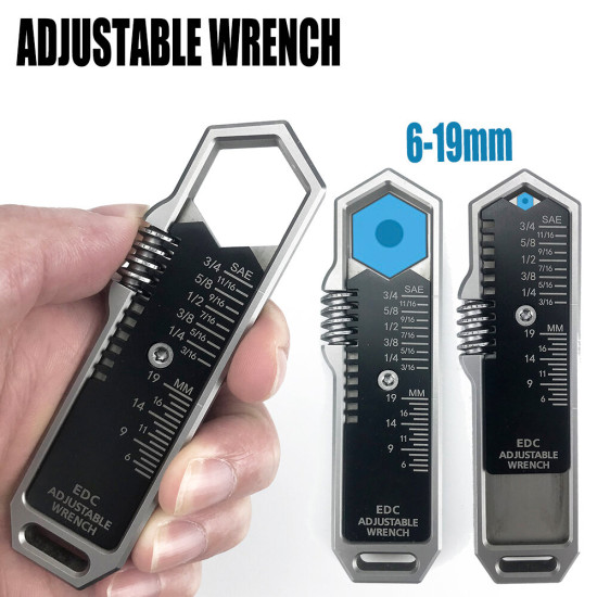 EDC Adjustable Wrench Multitool with 25 SAE and Metric Sizes One-Handed Operation Detachable Pocket Clip and Ultimate Portability - Black