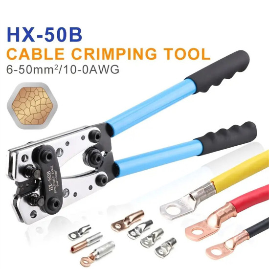 1 Set Battery Cable Copper Lug Crimping Tool HX-50B 10-1 AWG With 60Pcs Copper Ring Terminals 8 Sizes Cable Lugs Set