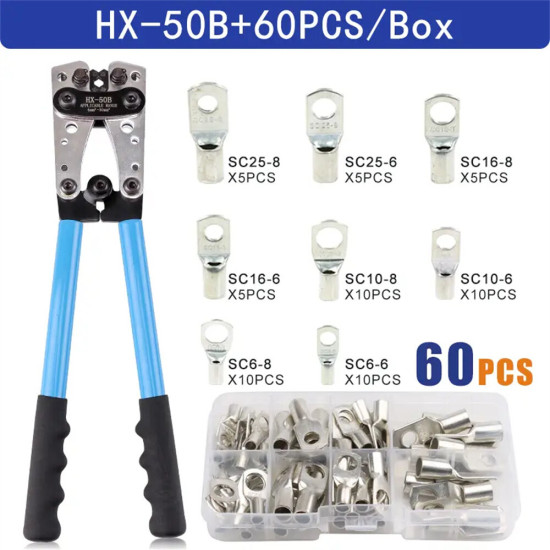 1 Set Battery Cable Copper Lug Crimping Tool HX-50B 10-1 AWG With 60Pcs Copper Ring Terminals 8 Sizes Cable Lugs Set