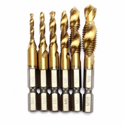 Drillpro 6pcs HSS 6542 M3-M10 Combination Drill Titanium Coated Tap Bit Set 1/4 Inch Hexagon Metric Deburr Countersink Bits Screw Thread Metric Tap