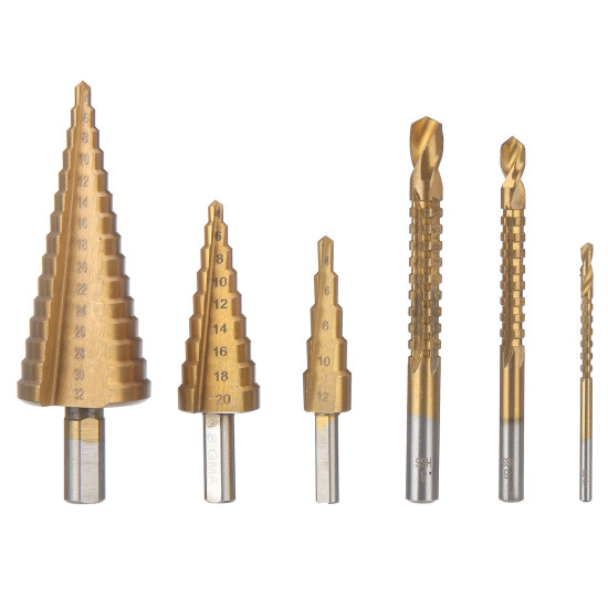 6PCs HSS Step Drill Bit Sets Straight Titanium Coated Cone Hole Cutter Automatic Center Punch Spiral Twist Saw Drill Bit