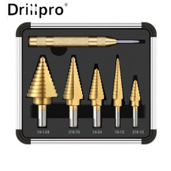 Drillpro 6PCS Premium Titanium-Coated HSS 4241 Step Drill Bit Set by Pro-Drills Variety Pack (1/8" to 1-3/8") High-Speed Steel Center Punched Design Ideal for Woodworking and Home Improvement