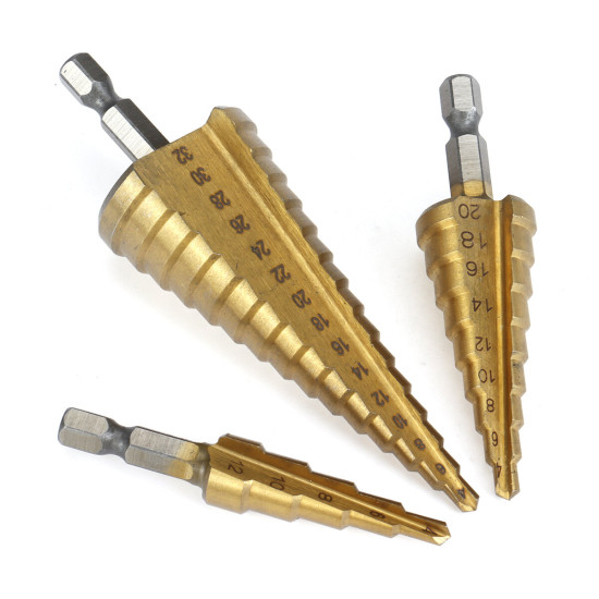 3 Piece HSS Titanium Coated Step Drill Bit Set 4-12mm 4-20mm 4-32mm Straight Slot HSS Perfect for Wood Metal Plastic Hole Cutting Tool Core Cone Drilling Tool Set