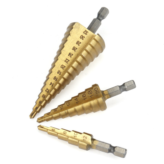 3 Piece HSS Titanium Coated Step Drill Bit Set 4-12mm 4-20mm 4-32mm Straight Slot HSS Perfect for Wood Metal Plastic Hole Cutting Tool Core Cone Drilling Tool Set