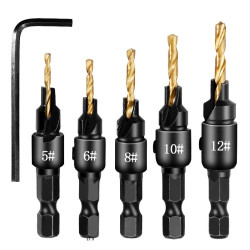 5pcs Countersink Drill Woodworking Drill Bit Set Drilling Pilot Holes For Screw Sizes #5 #6 #8 #10 #12 - silver