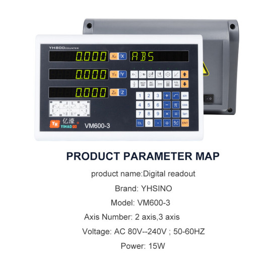 YHSINO VM600-3 Digital Readout YE Optical Linear Scale Durable Aluminum Zinc Alloy Construction 3 Axis AC 80V-240V High Performance Tool for Precise Measurement - 150+350+650mm