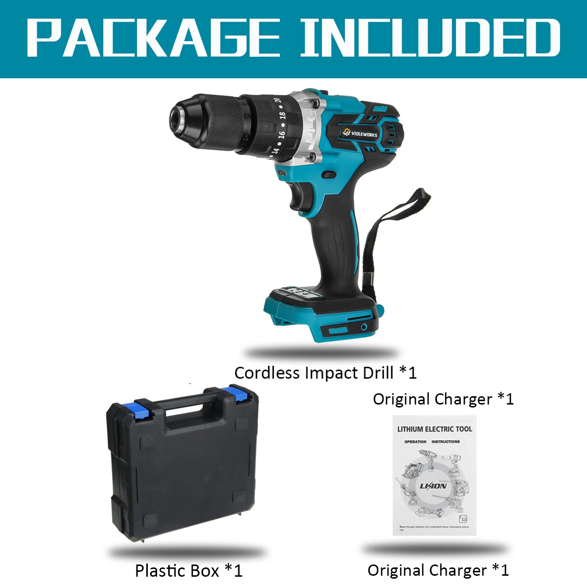 VIOLEWORKS 20+3 Torque 13mm 3 In 1 350 N.M Cordless Electric Impact Drill Driver Brushless Driver Drill Hammer No Battery