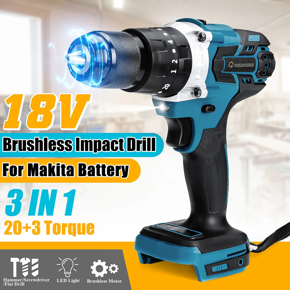 VIOLEWORKS 20+3 Torque 13mm 3 In 1 350 N.M Cordless Electric Impact Drill Driver Brushless Driver Drill Hammer No Battery