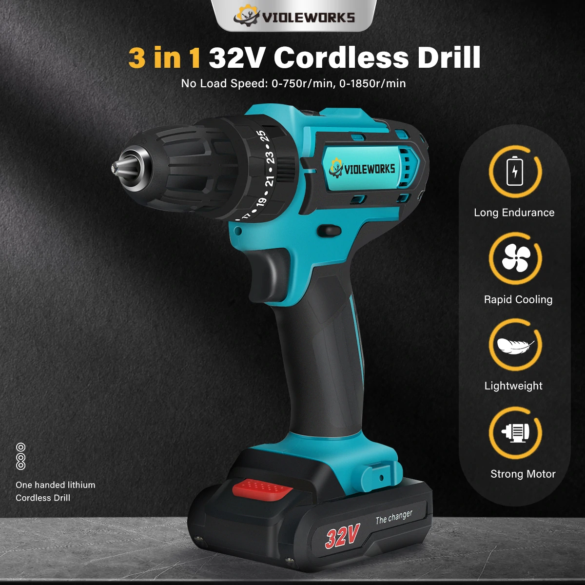 VIOLEWORKS 2 Speed Power Drills 6000maAh Cordless Drill 3 IN 1 Electric Screwdriver Hammer Drill with 2pcs Batteries
