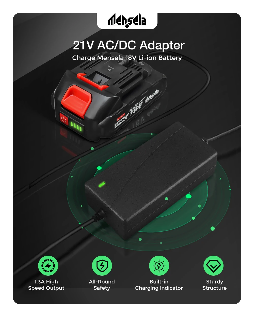 Mensela 18-21V 1.3A Lithium Battery Charger Adapter For Mensela Tools Battery