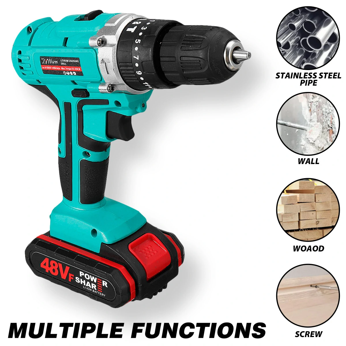KiWarm 1200mAh 48VF Brushless Cordless Impact Drill Electric Impact Drill with Battery