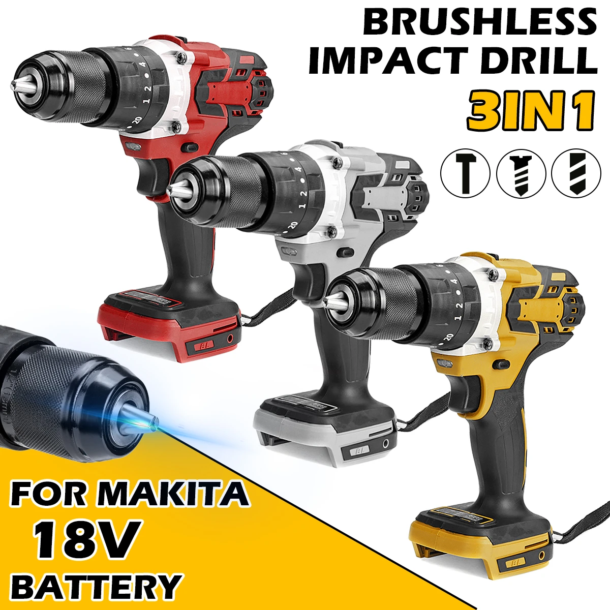 13mm 3 In 1 Brushless Impact Drill Hammer Cordless Elctric Hammer Drill Adapted To 18V Mak Battery