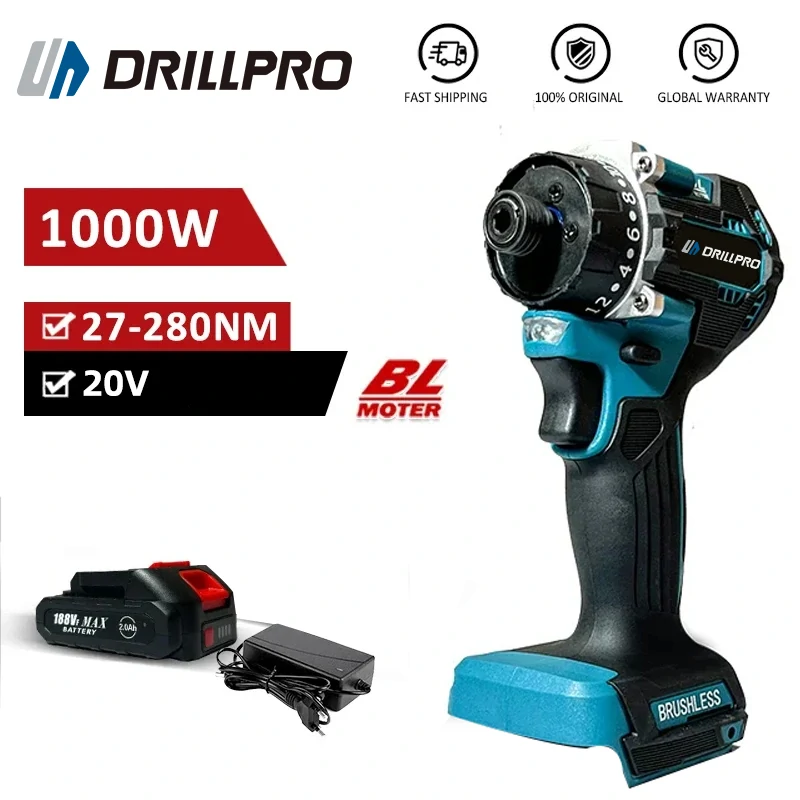 Drillpro 20+1 Gear Brushless Electric Screwdriver 1000W 4000rpm Ergonomic Design Compatible with mak 20V Battery for Extended Use Perfect for Heavy Duty Tasks